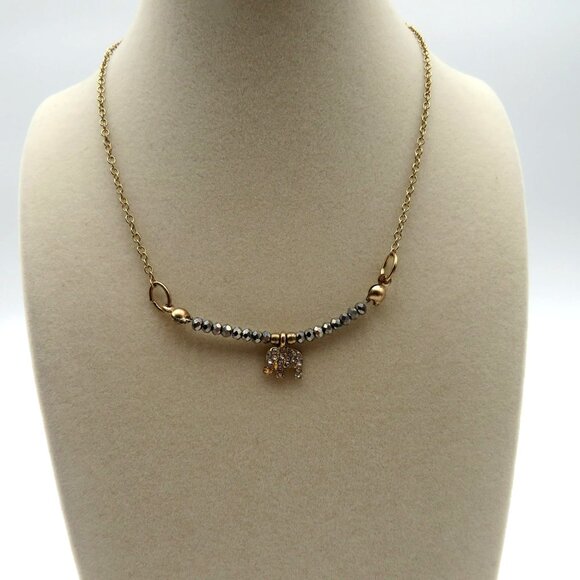 Elephant Charm Necklace 12" Rhinestone Encrusted Silver Tone Metallic Beads - Picture 1 of 8